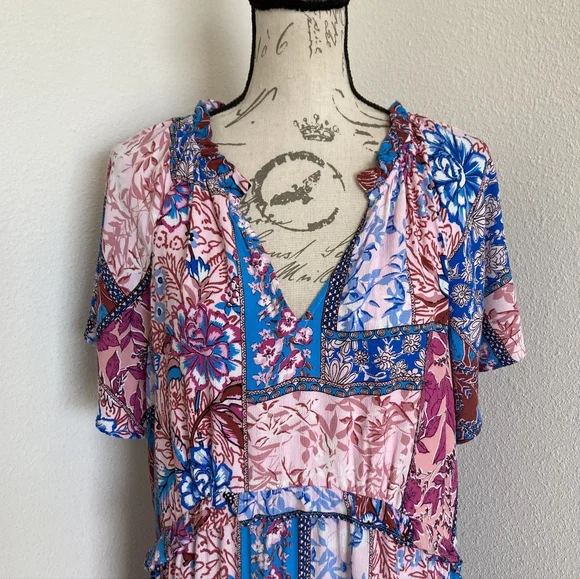 By Anthropologie Robin Tiered Mini Dress L Boho Floral Festival Flowy Patchwork - Picture 5 of 17